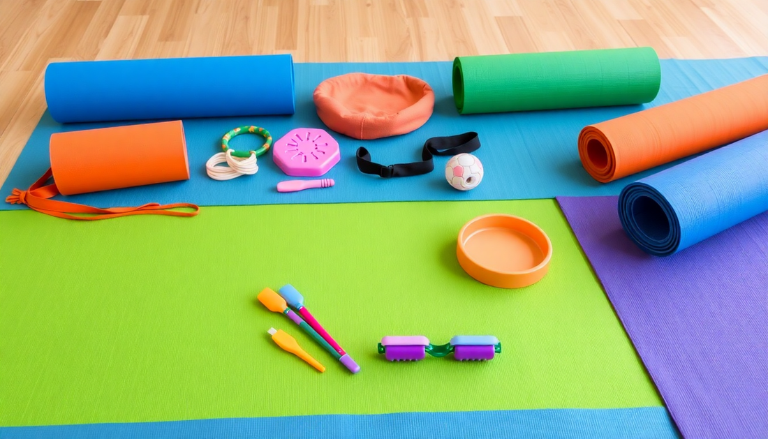 Kids Yoga accessories and mats arranged for kid's Yoga Day celebration
