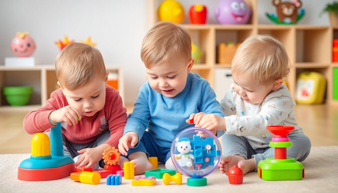 Toddlers playing with colorful educational toys