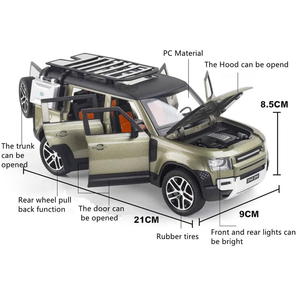 1:24 metal toy car with lights and sound Defender in Ahmedabad showing open doors hood and trunk
