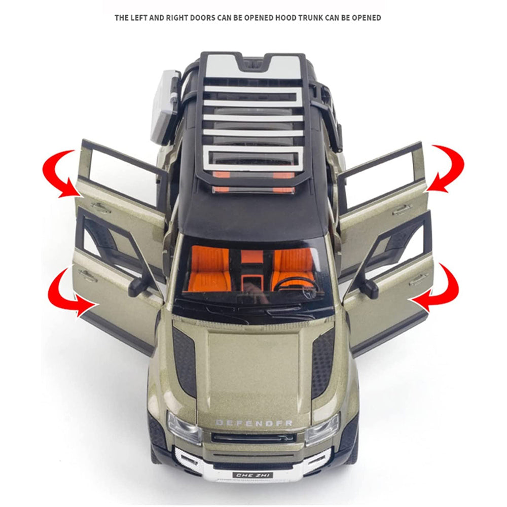 1:24 metal toy car with lights and sound Defender in Ahmedabad showing open doors and detailed interior