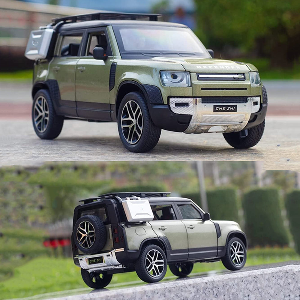 1:24 metal toy car with lights and sound Defender in Ahmedabad by samstoy.in shown from front and rear angles