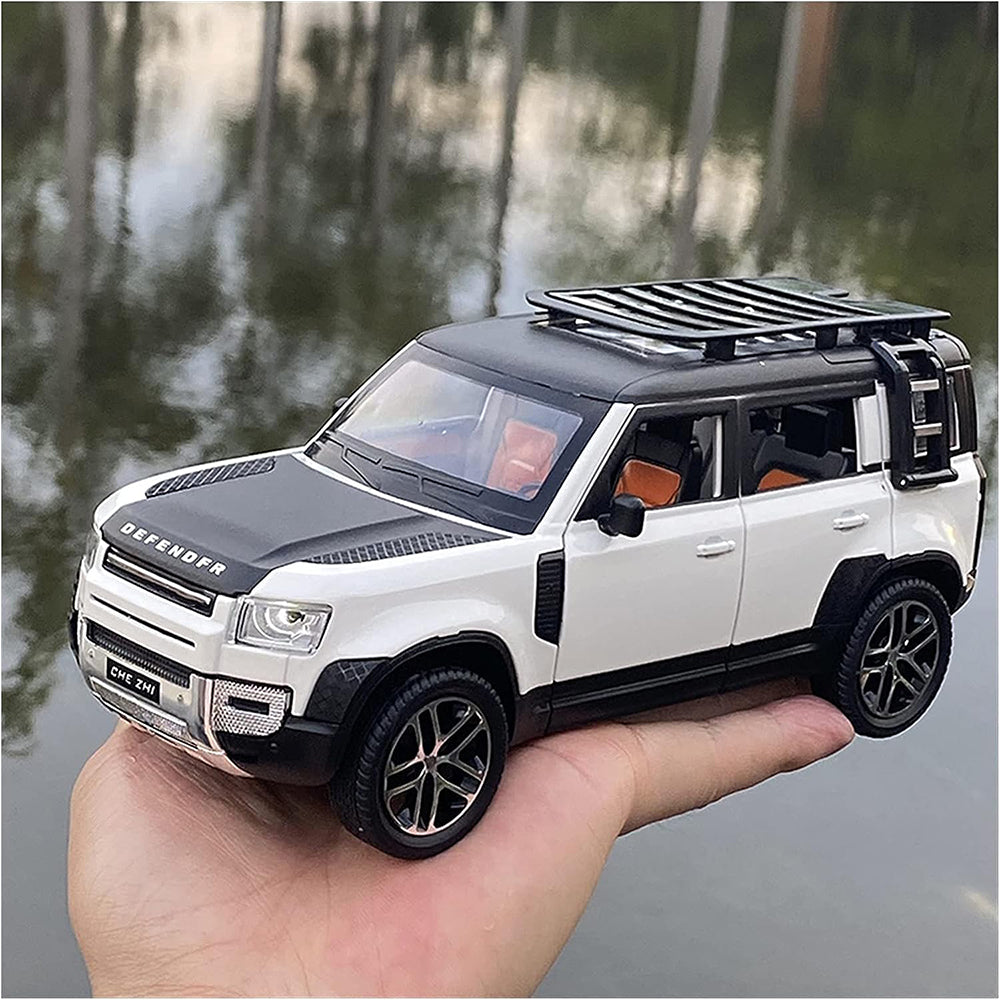 1:24 metal toy car with lights and sound Defender in Ahmedabad held in hand showing detailed design