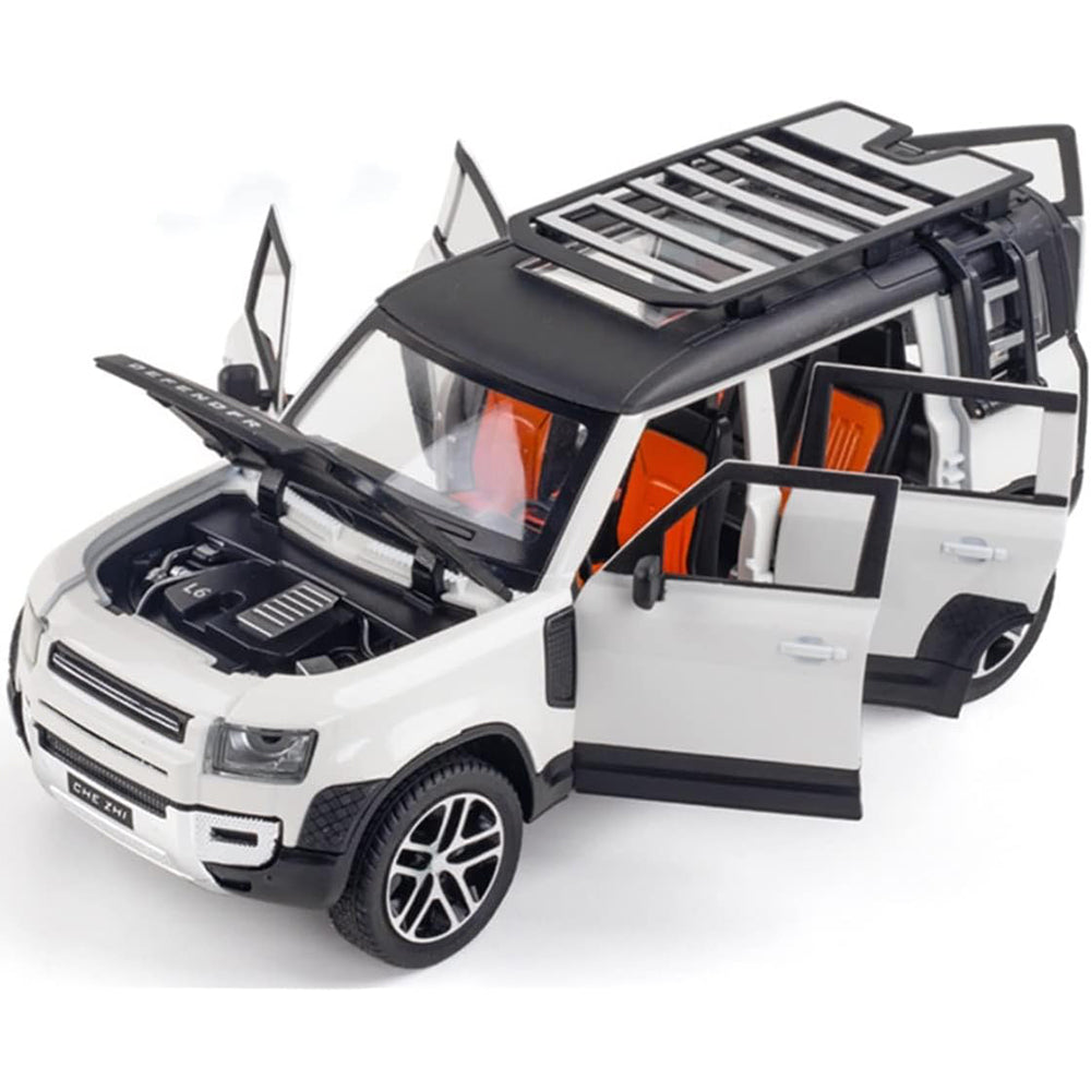1:24 metal toy car with lights and sound Defender in Ahmedabad detailed white SUV model with open doors and hood