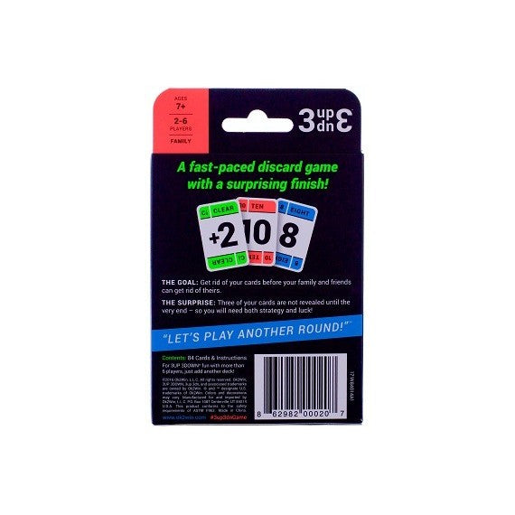 3 UP 3 DOWN card game box featuring colorful cards, back view, for family fun and fast-paced gameplay, shop near me
