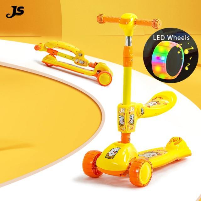 Yellow 3 wheel kids scooter with LED lights in Ahmedabad Gujarat India featuring foldable design and light-up wheels