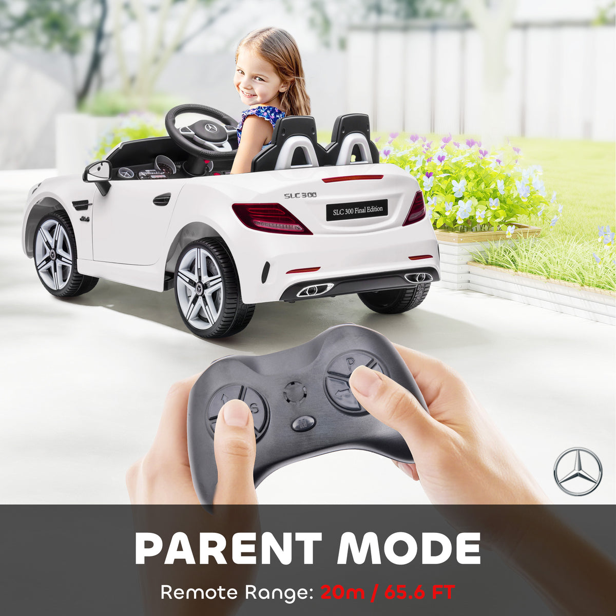 Mercedes SLC 300 Licensed Kids Electric Car With Remote Control, 12V Battery Powered Kids Ride On Car With Music, Lights, Suspension For 3-6 Years Old, White