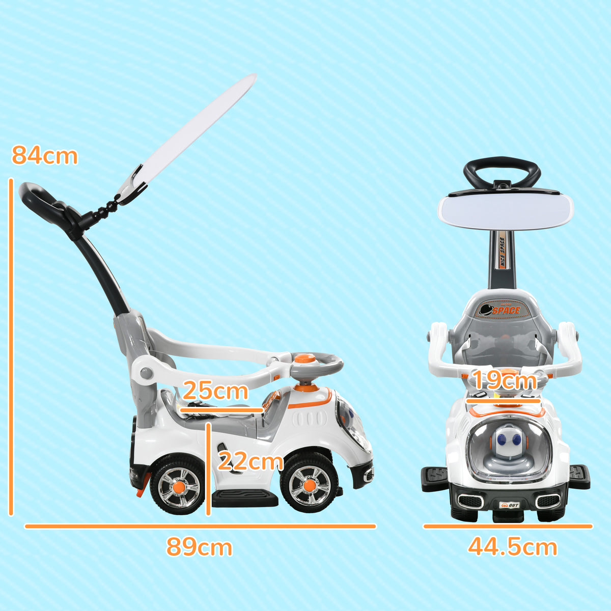 3 In 1 Ride On Push Car, Cartoon Robot Theme Foot To Floor Slider W Handle Light Music Horn, Storage - White