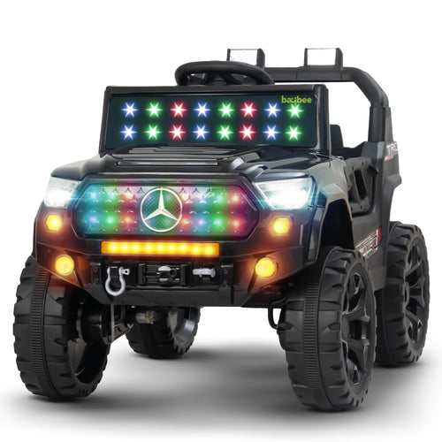 Black Mercedes style ride-on jeep for children Ahmedabad online Gujarat with LED lights and rugged offroad wheels