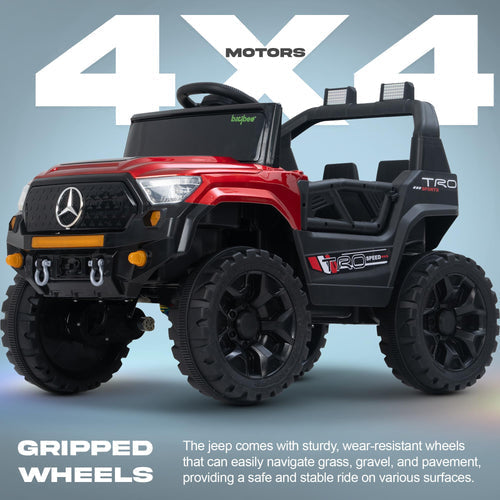 Red Mercedes style ride-on jeep for children Ahmedabad online Gujarat with gripped 4x4 wheels and realistic Mercedes grille