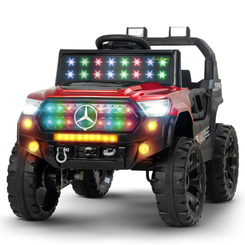 Red Mercedes style ride-on jeep for children Ahmedabad online Gujarat with multicolor LED lights and big offroad wheels