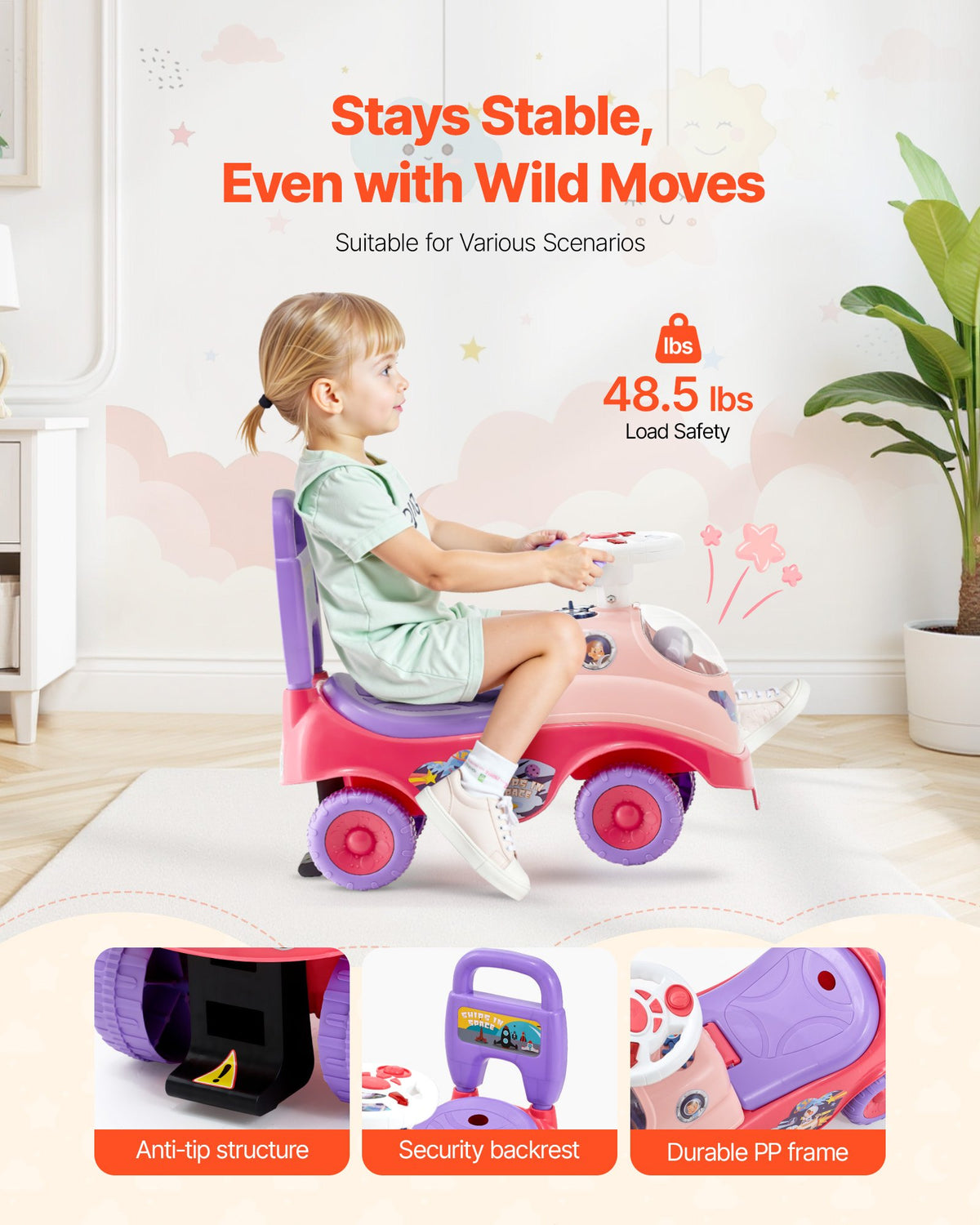 Ride On Toddler Push Car, Push Car For Toddler 19 To 36 Months, Kids Ride On Toy With Horn & Music, 48.5 Lbs Load Capacity, Under-seat Storage, Foot-to-Floor Walker For Toddlers Boys Girls, Pink