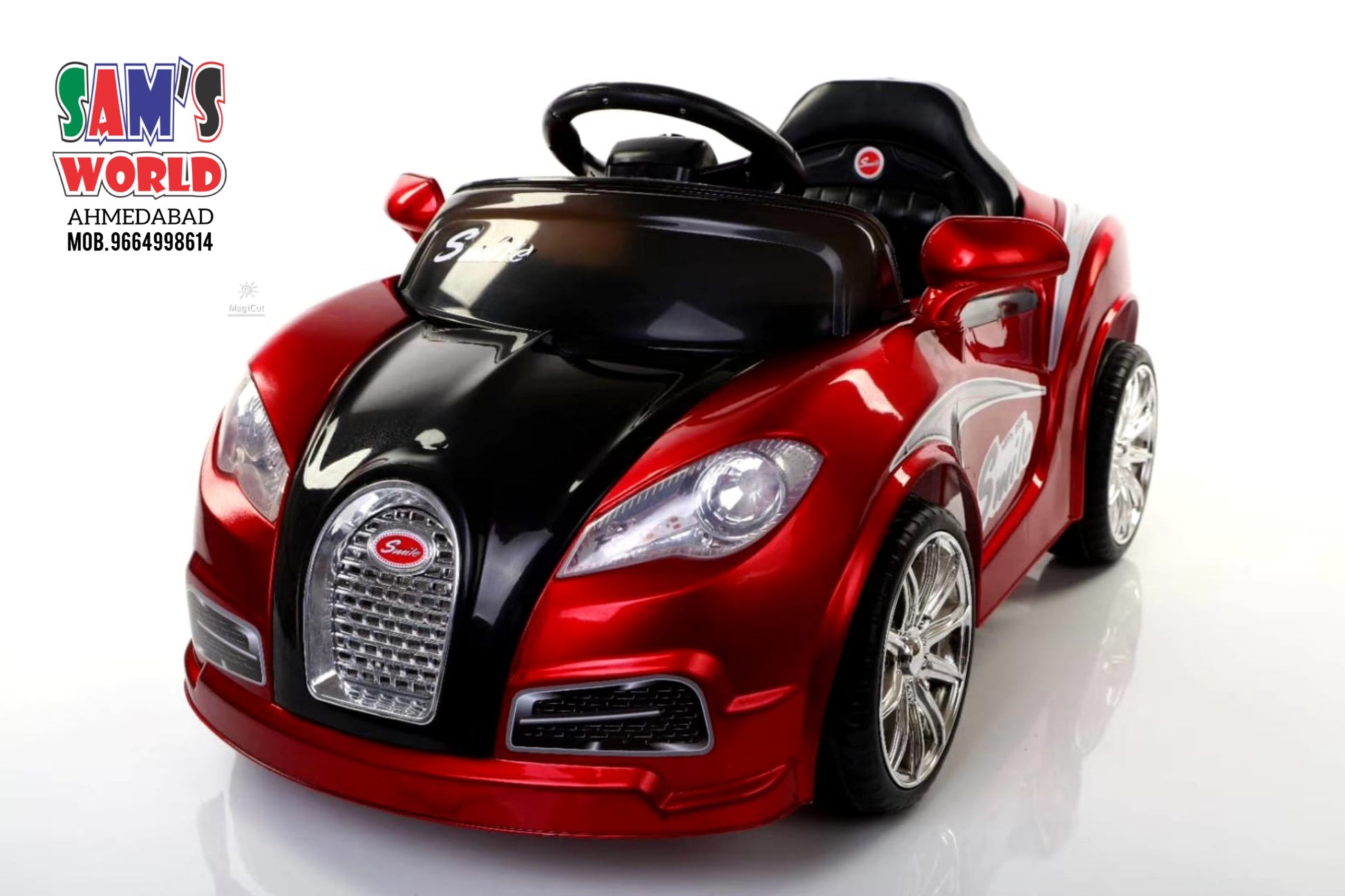 Red and black 938 Battery Operated Ride On Kids Car featuring realistic design and steering wheel