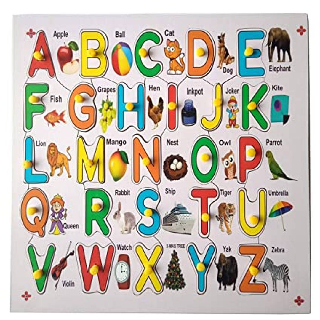 COLOBINE Wooden Capital Letter English Alphabets ABCD Puzzle Tray with Picture and Hooks Multicolor Learning Aid for Kids Years,3 Years, and Above
