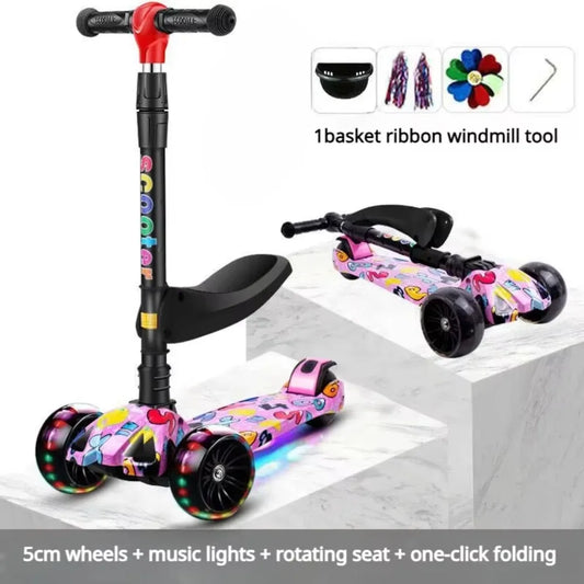 Sam's Toy World Wheeled Scooter with Wheel Lights for Kids 2-in-1 Sit/Stand Child Toddlers Toy Kick Scooters Flip-out Seat Adjustable Height