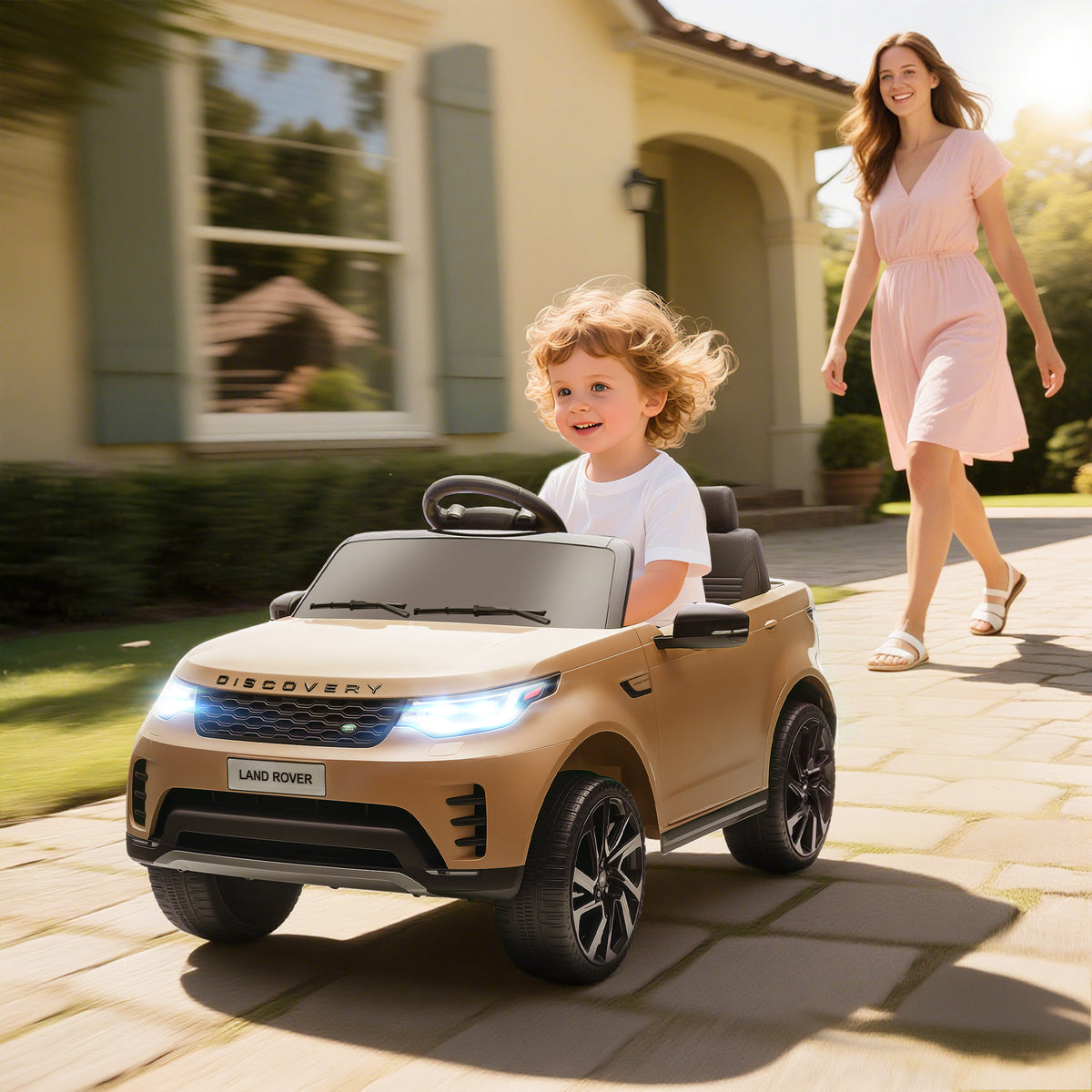 Land Rover Discovery Licensed 12V Kids Electric Car With Remote, 4 Wheel Suspension, Slow Start, Lights, Music, Khaki