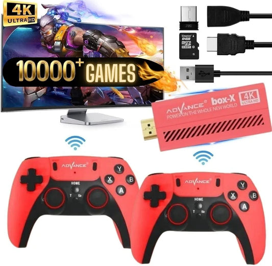 Classic game emulators 10000 tv video games online Ahmedabad with two red wireless controllers and 4K Ultra HD display