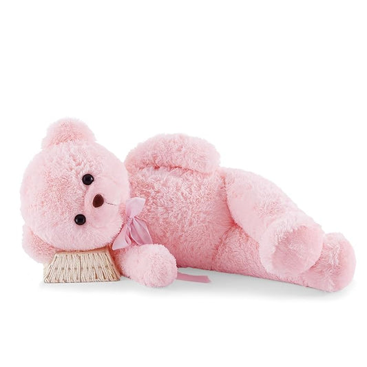 Soft pink plush large teddy bear for birthday for Girl in Ahmedabad Gujarat online India model lying with bow