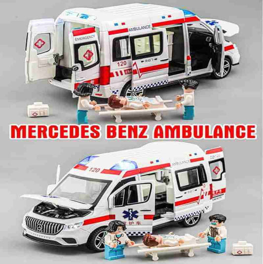 Mercedes Benz ambulance van toy with lights and sound, side view, great for kids to play and learn about emergency services