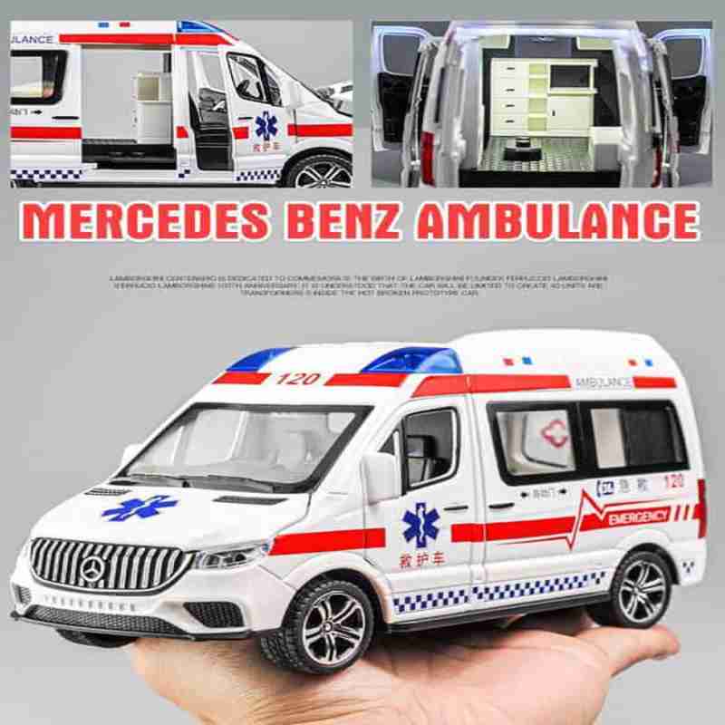 Mercedes Benz ambulance van toy with lights and sound, front view, ideal for imaginative play and learning.