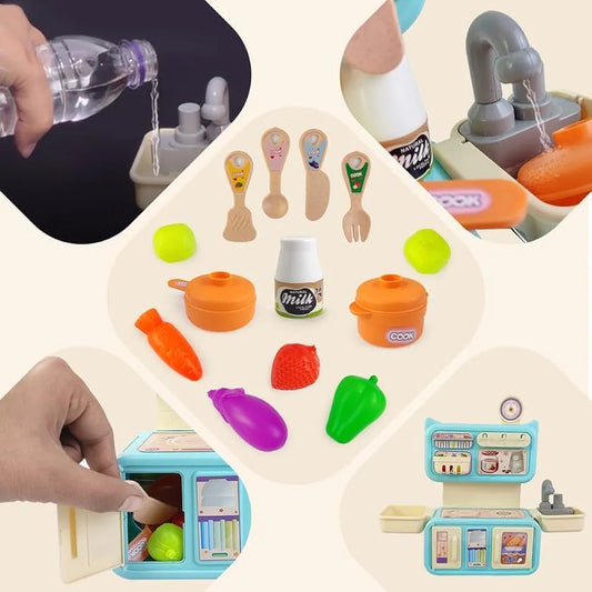 Kitchen set with realistic action toy for girls includes stove, utensils, and colorful play food pieces