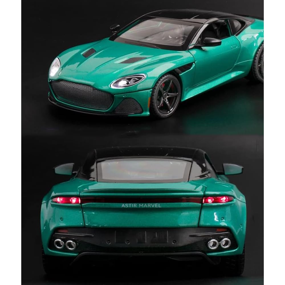 Aston Martin GT diecast car model in metallic green two angled views showing front and rear details on black background