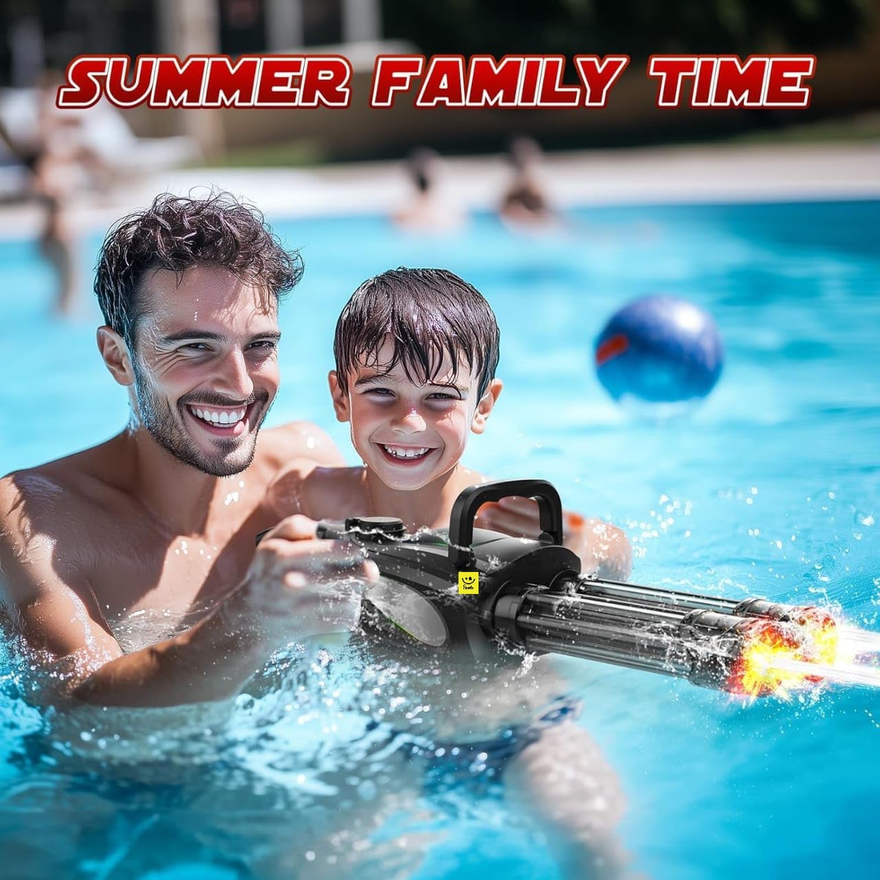 Two people enjoying summer pool fun with an automatic electric water gun with LED holi gun at Sam's World Ahmedabad