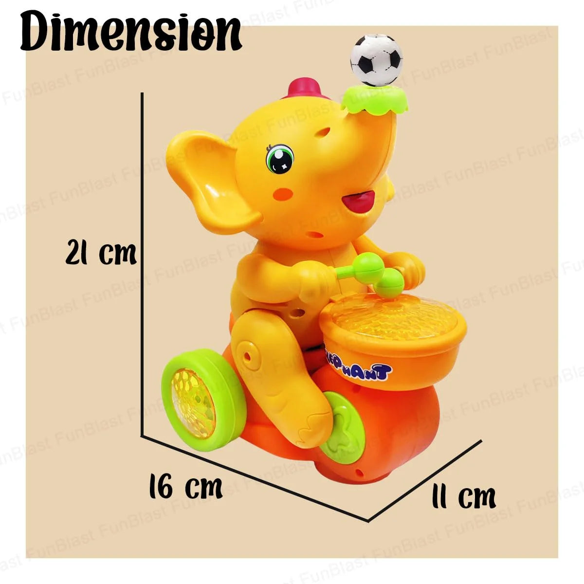 baby elephant toy musical and lights for 6 months to 4 years in bright yellow and orange colors with drum and soccer ball