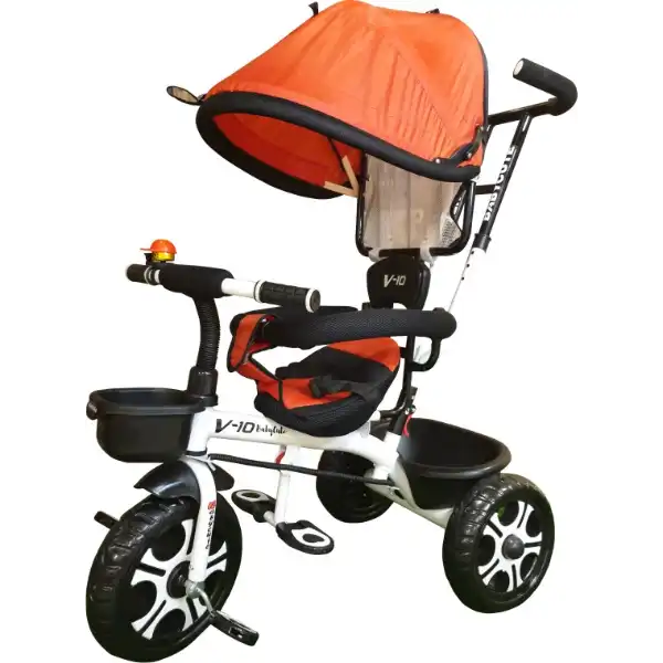 Baby tricycle with parental control make in Ahmedabad featuring orange canopy and black white frame