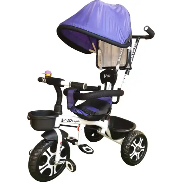 Baby tricycle with parental control make in Ahmedabad featuring a canopy and sturdy black and white frame