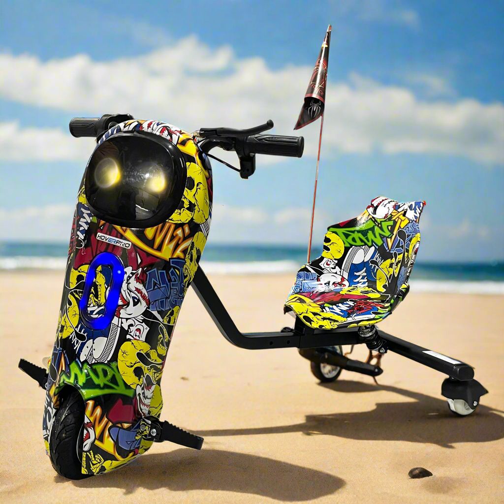 Battery operated drift scooter Ahmedabad Gujarat with vibrant graffiti design and comfortable seat for outdoor play