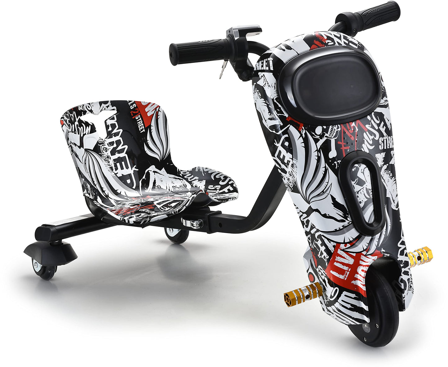 Battery operated drift scooter Ahmedabad Gujarat with black white and red graffiti design outdoor play equipment