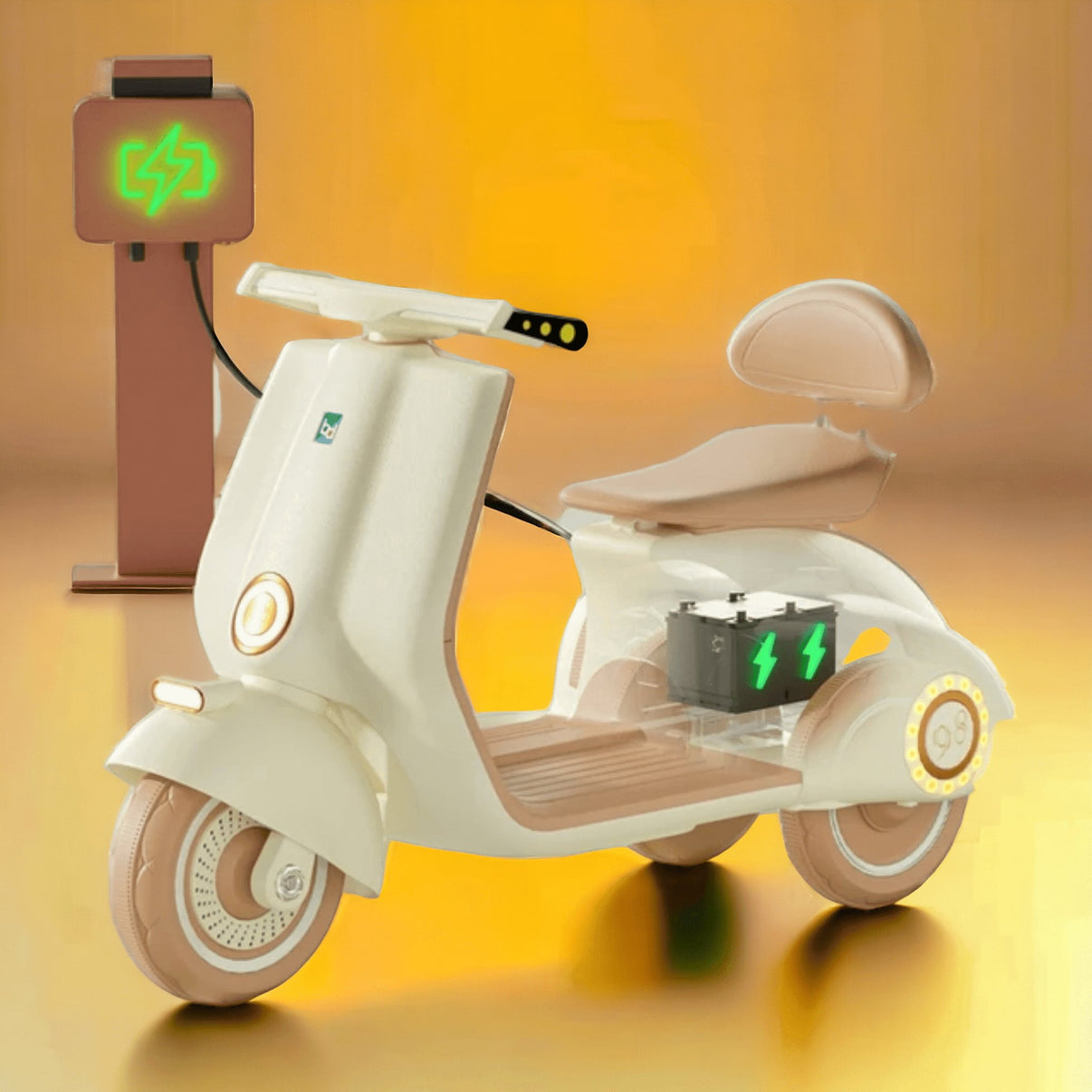 Battery operated kids scooter Ahmedabad Gujarat India in white with charging station and green lightning symbol