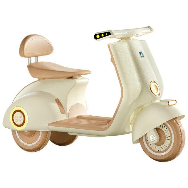 Battery operated kids scooter Ahmedabad Gujarat India in cream and tan colors with comfortable seat and modern design
