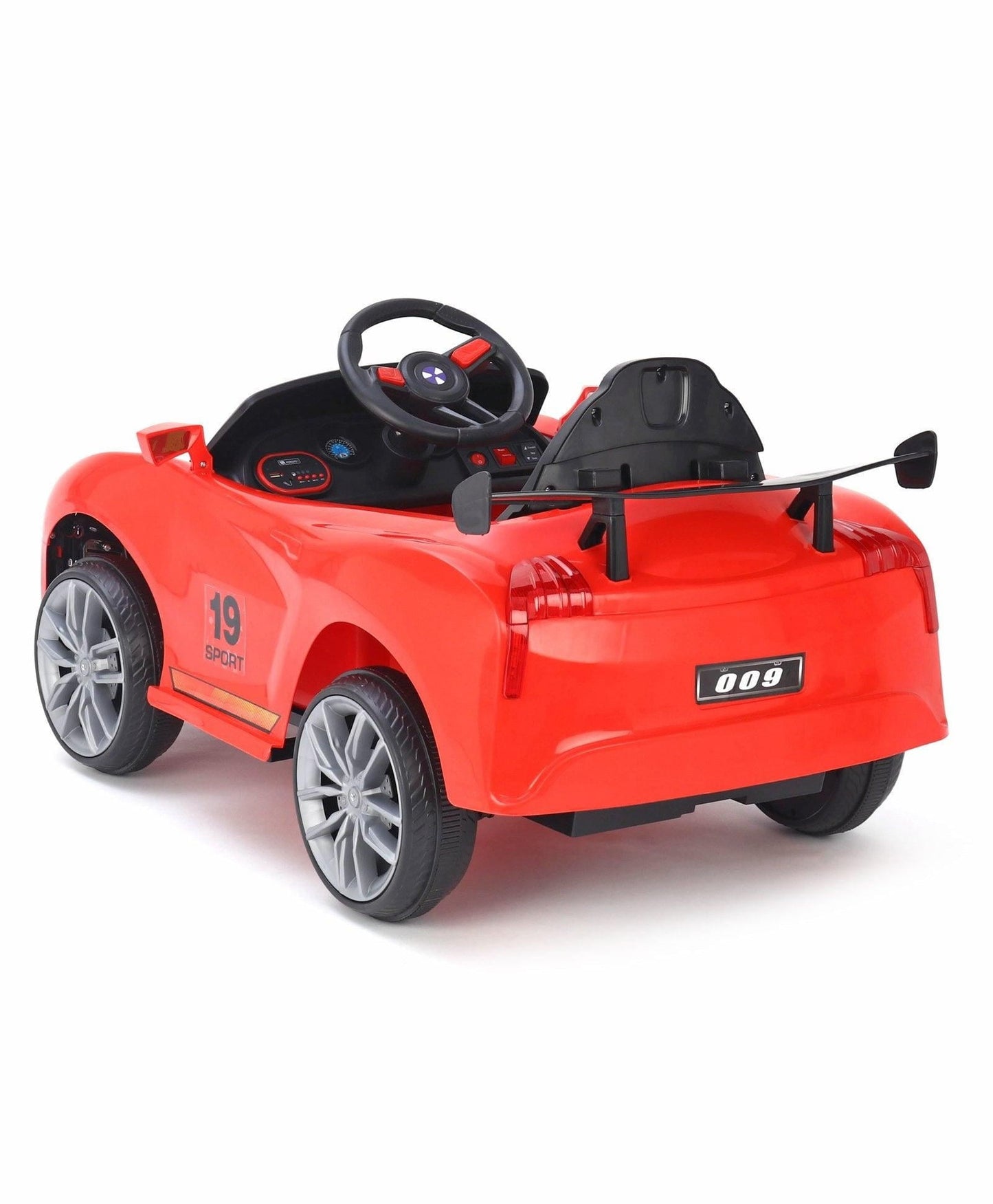Red battery operated ride on car for kids near me Gujarat with sporty design and realistic steering wheel