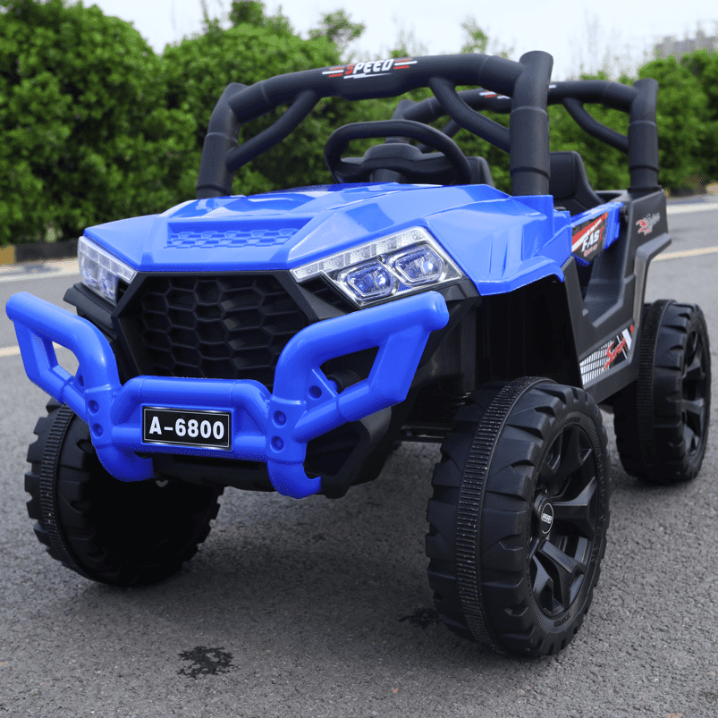 Blue battery operated ride on jeep for 1 to 5 kids Ahmedabad with black wheels and safety roll bars