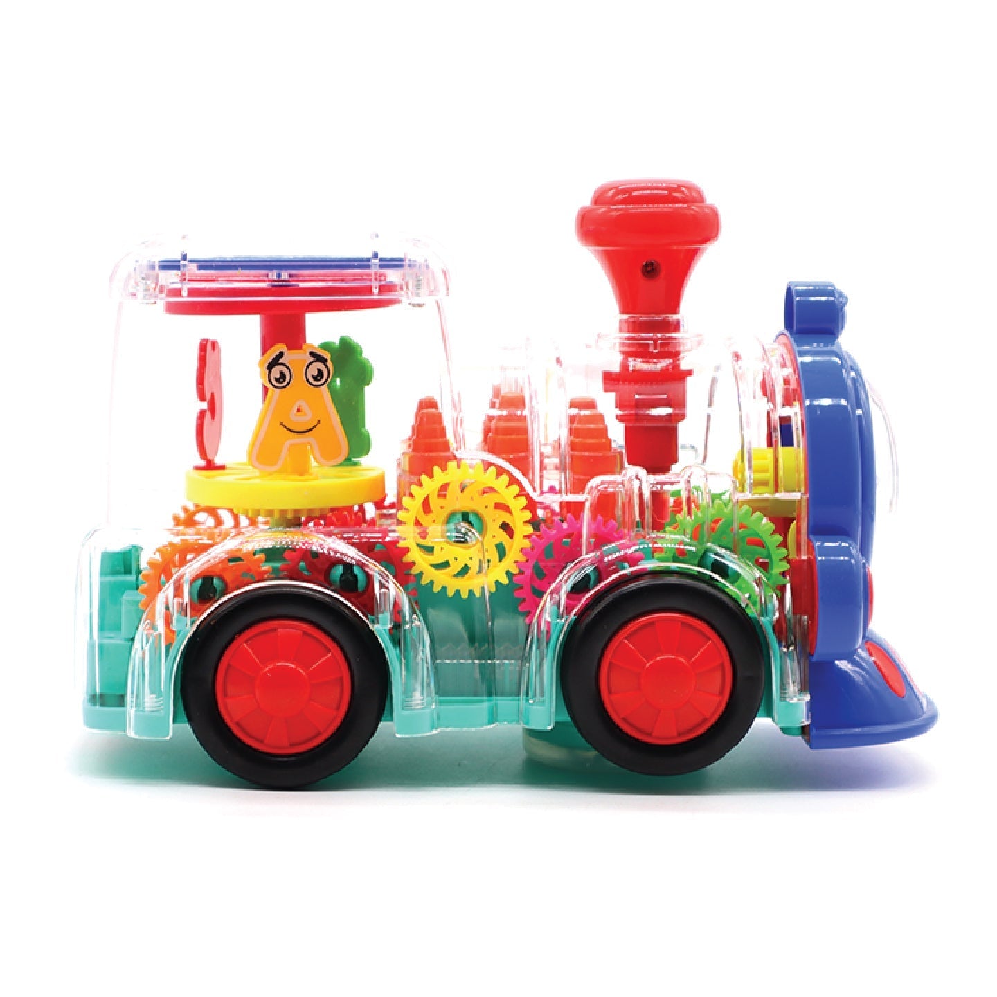 Colorful battery operated train toy with music for kids in Ahmedabad Gujarat with visible gears and red wheels