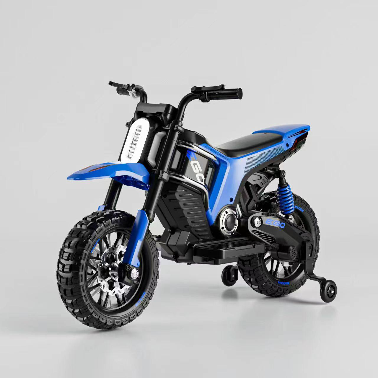 Blue battery operated two wheeler bike for children Ahmedabad Gujarat with training wheels and rugged tires