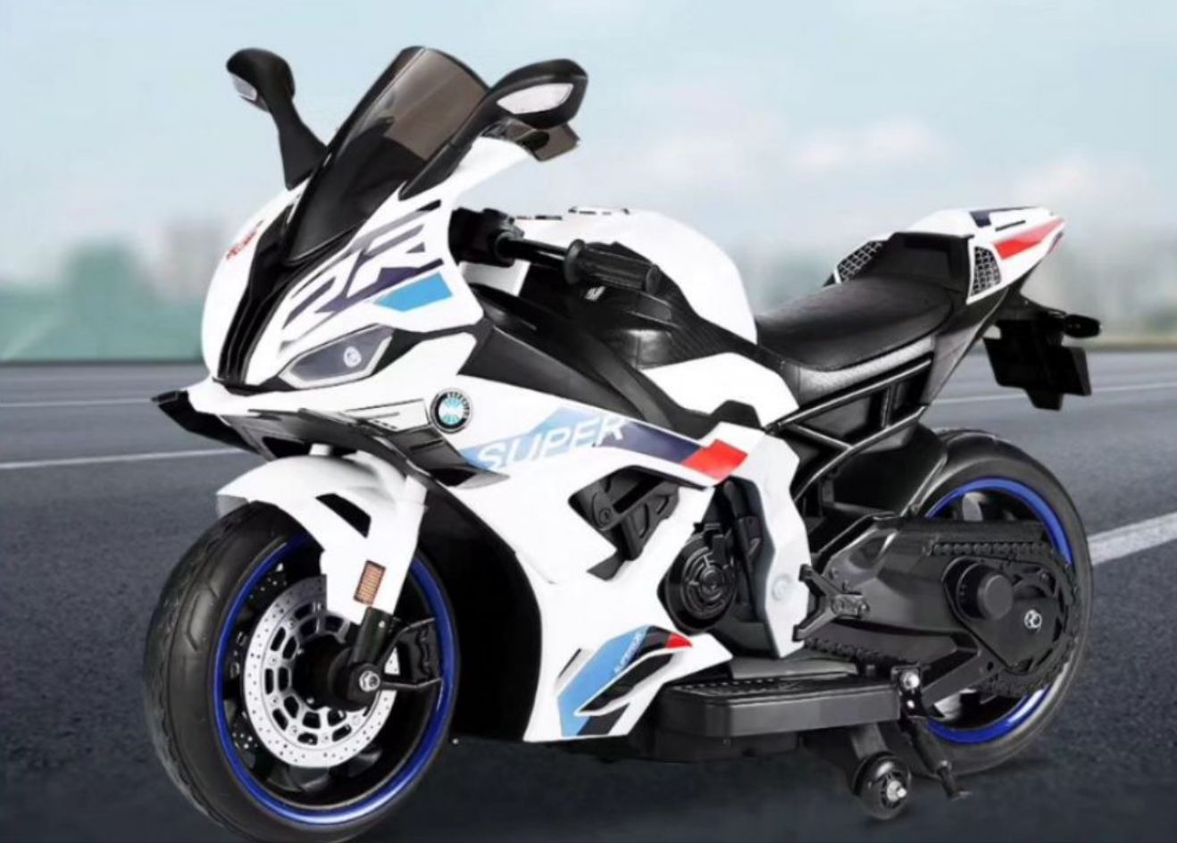 Best electric motorcycle ride on bike toy for children Ahmedabad by FUN N FUNKY in white with black and blue accents