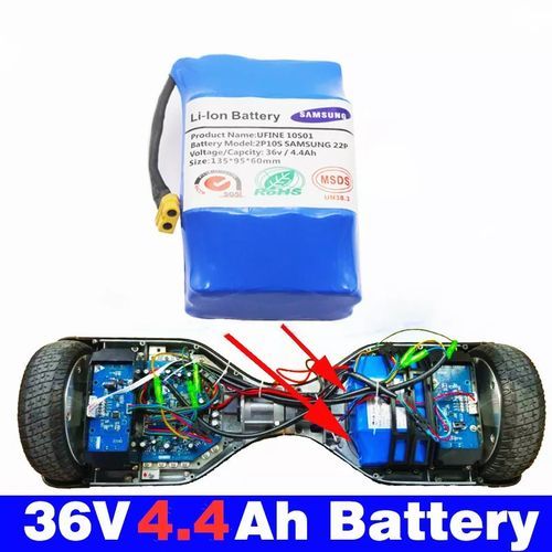 Best hoverboard battery shop Ahmedabad online India showing 36V 4.4Ah Li-ion battery and internal hoverboard wiring