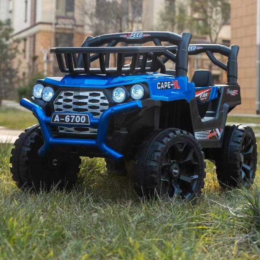 Blue electric ride-on jeep parked on grass, best ride-on toys for kids 1-5 remote control jeep