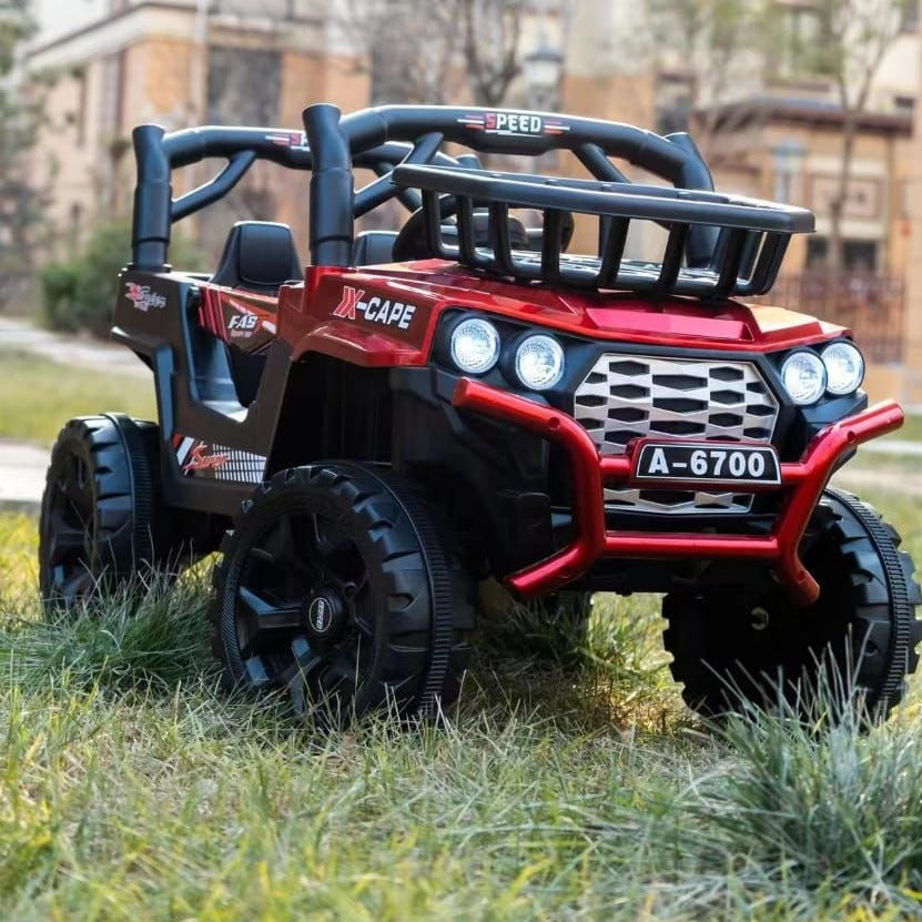 Red and black electric ride-on jeep toy for kids with durable tires and detailed design best ride-on toys for kids 1-5 remote control jeep