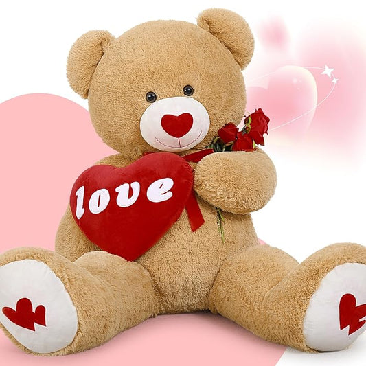 Big Fluffy Teddy Bear for Kids and all Ages holding a red heart cushion with love text and red roses