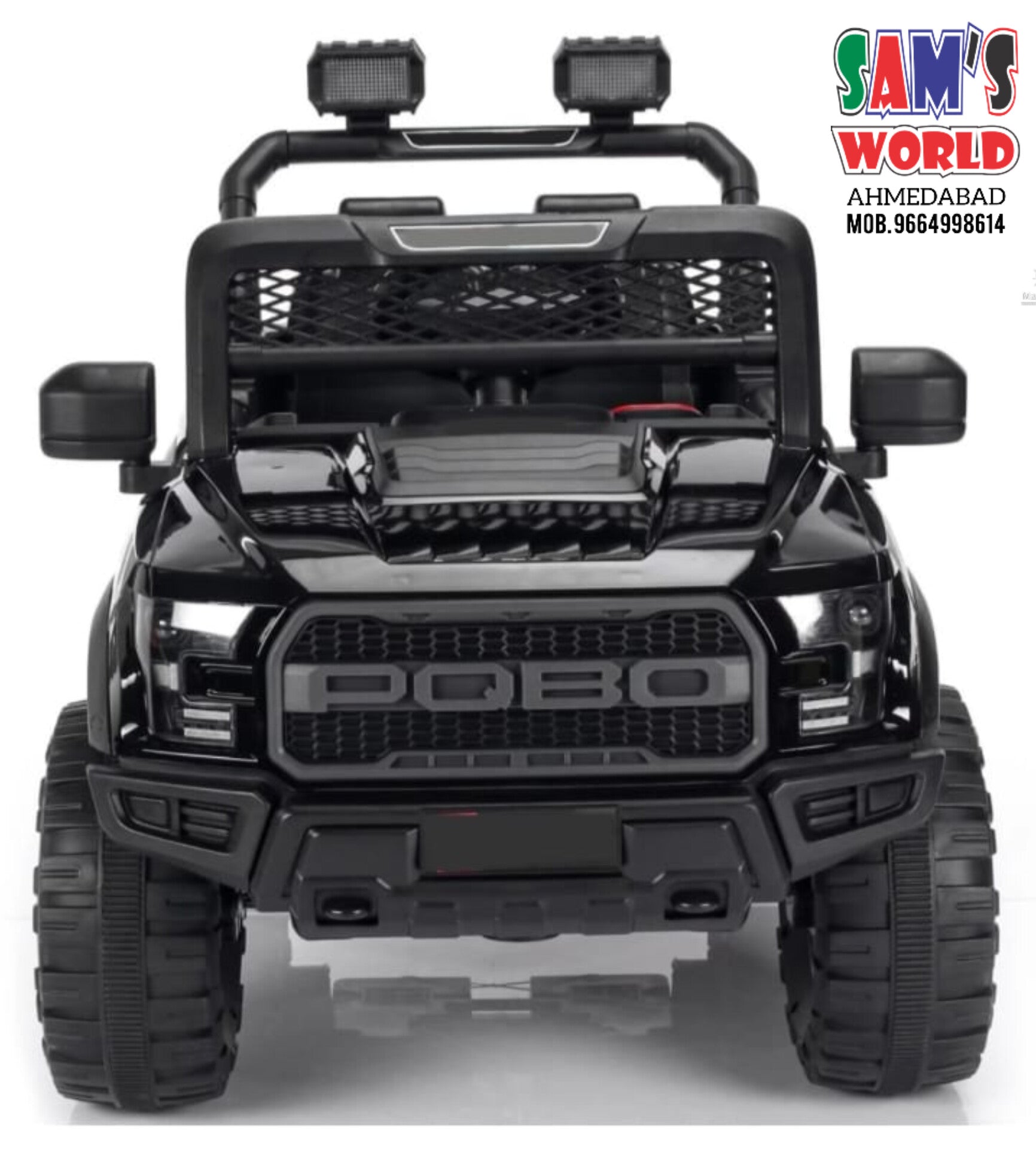 Black POBO Kids Ride On Jeep Sams World Ahmedabad with rugged tires and front lights
