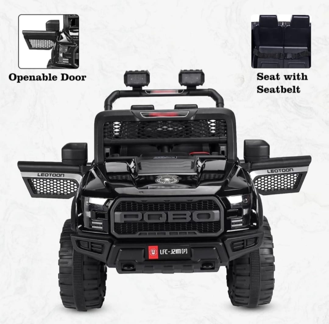 Black POBO Kids Ride On Jeep Sams World Ahmedabad with openable doors and seatbelt for safety