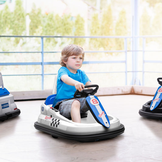 Bumper electric ride on kids battery car in white and blue, ideal for ages 3-8, from Sam's Toy World