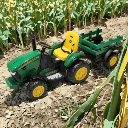 Buy John Deere kids tractor Ahmedabad Gujarat green and yellow ride-on toy tractor with trailer on dirt path