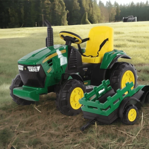 Buy John Deere kids tractor Ahmedabad Gujarat with green and yellow color and attached trailer for outdoor play