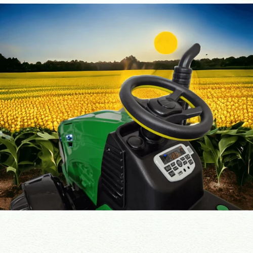 Buy John Deere kids tractor Ahmedabad Gujarat with steering wheel and control panel in a farm field setting