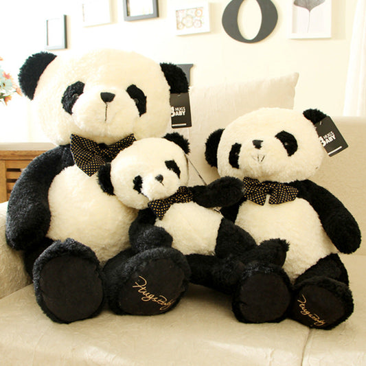 Buy panda plush toys soft toys gifts Ahmedabad featuring three soft black and white panda stuffed animals with bow ties