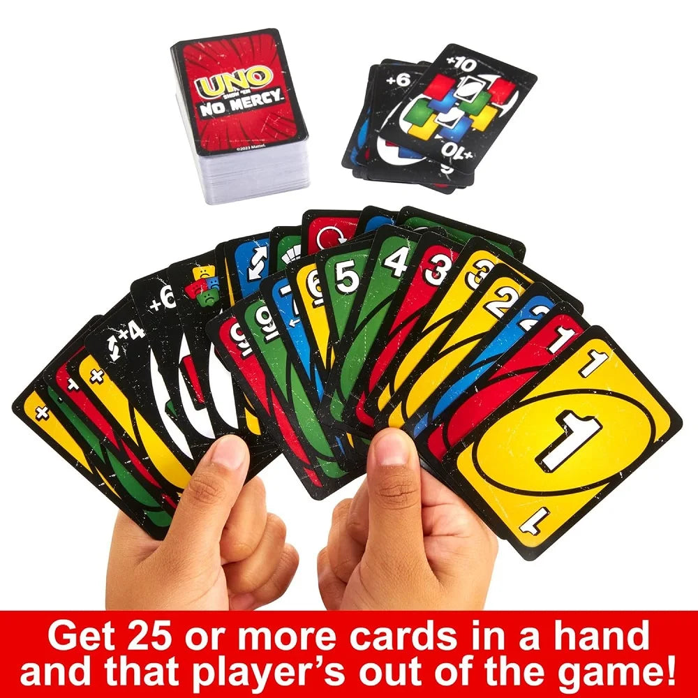 Hands holding colorful UNO No Mercy cards showing various numbers and action cards Buy UNO No Mercy India online Ahmedabad Gujarat